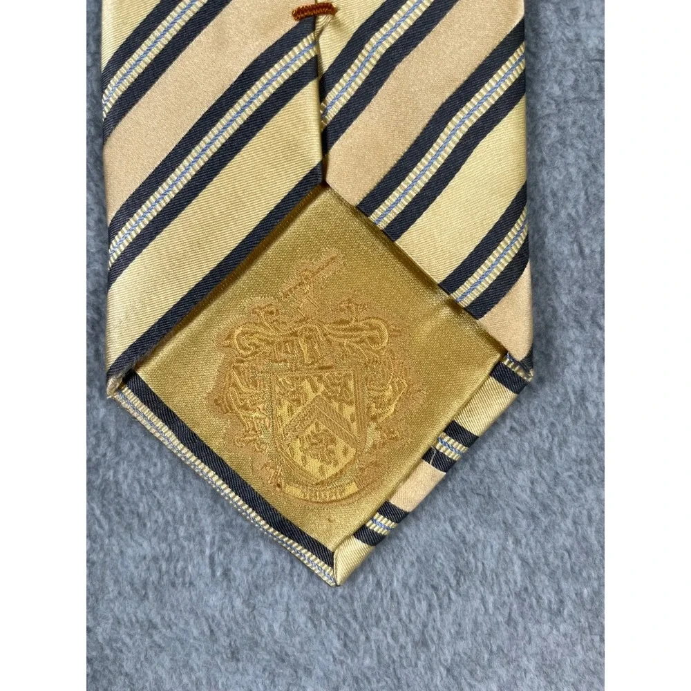 Donald J Trump Signature Silk Tie Gold Navy Blue Striped Crest Hand Made